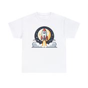 Rocket in front of Moon Taking Off to the Stars Unisex Heavy Cotton T-Shirt Small